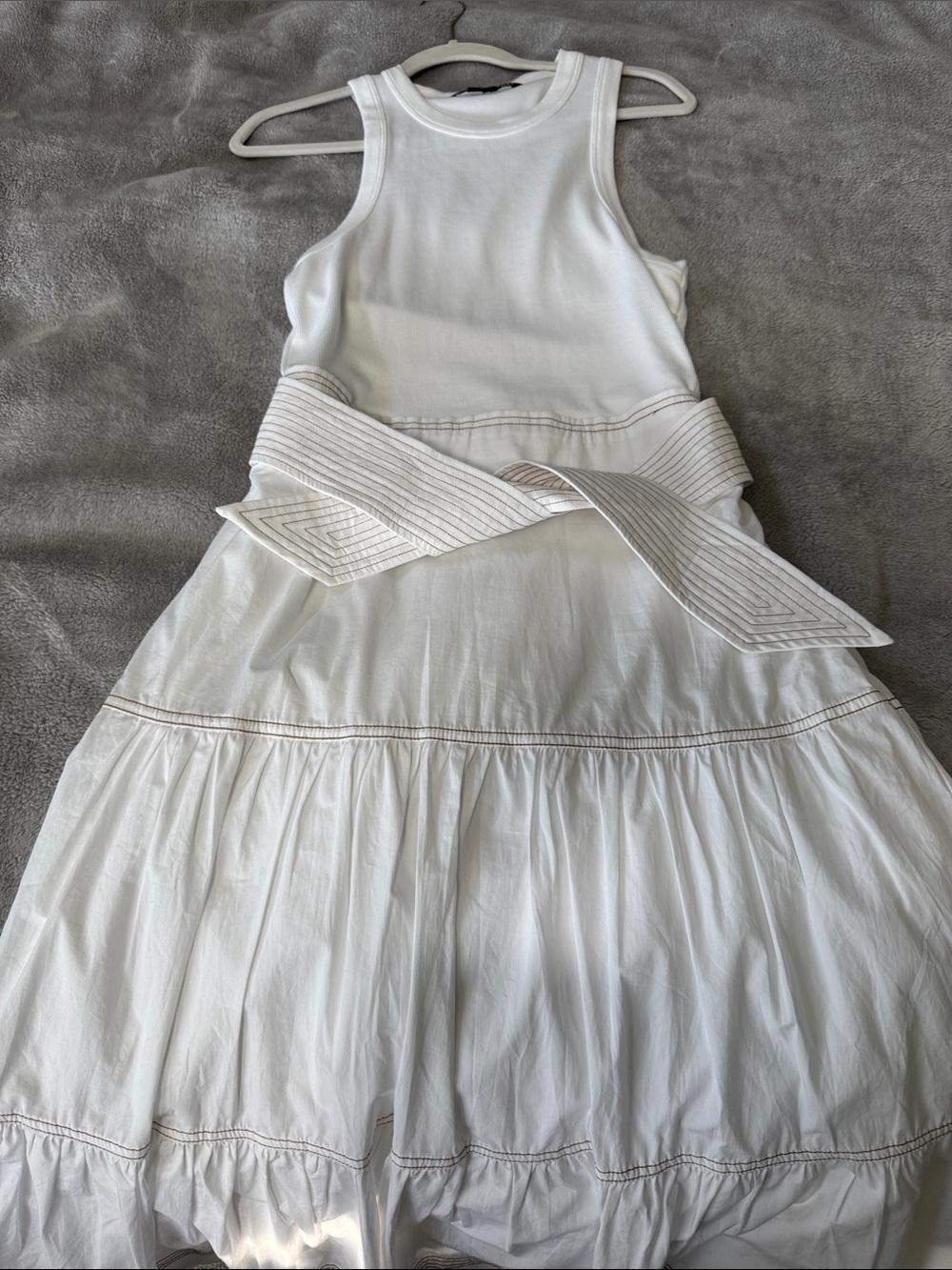 Veronica Beard White Sleeveless Tiered Maxi Dress with Waist Sash